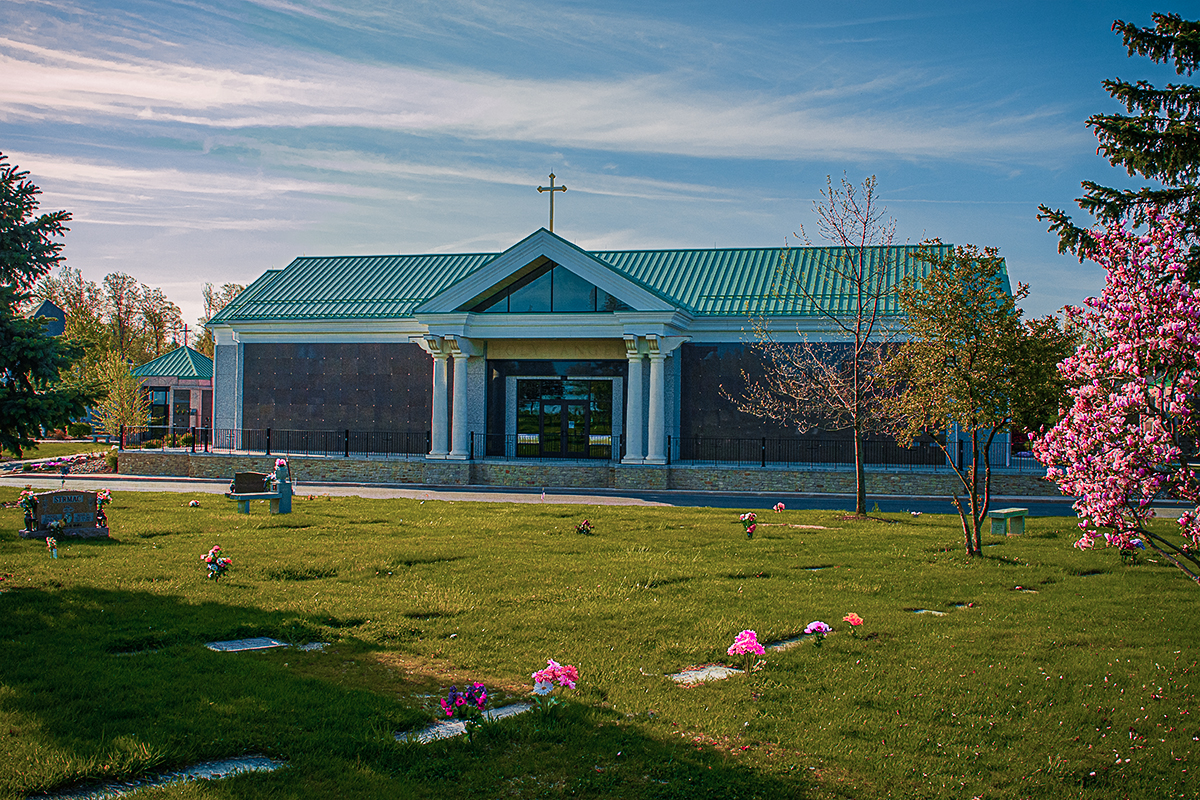 Scene of Holy Angels Mausoleum at All Souls Cemetery, Chardon